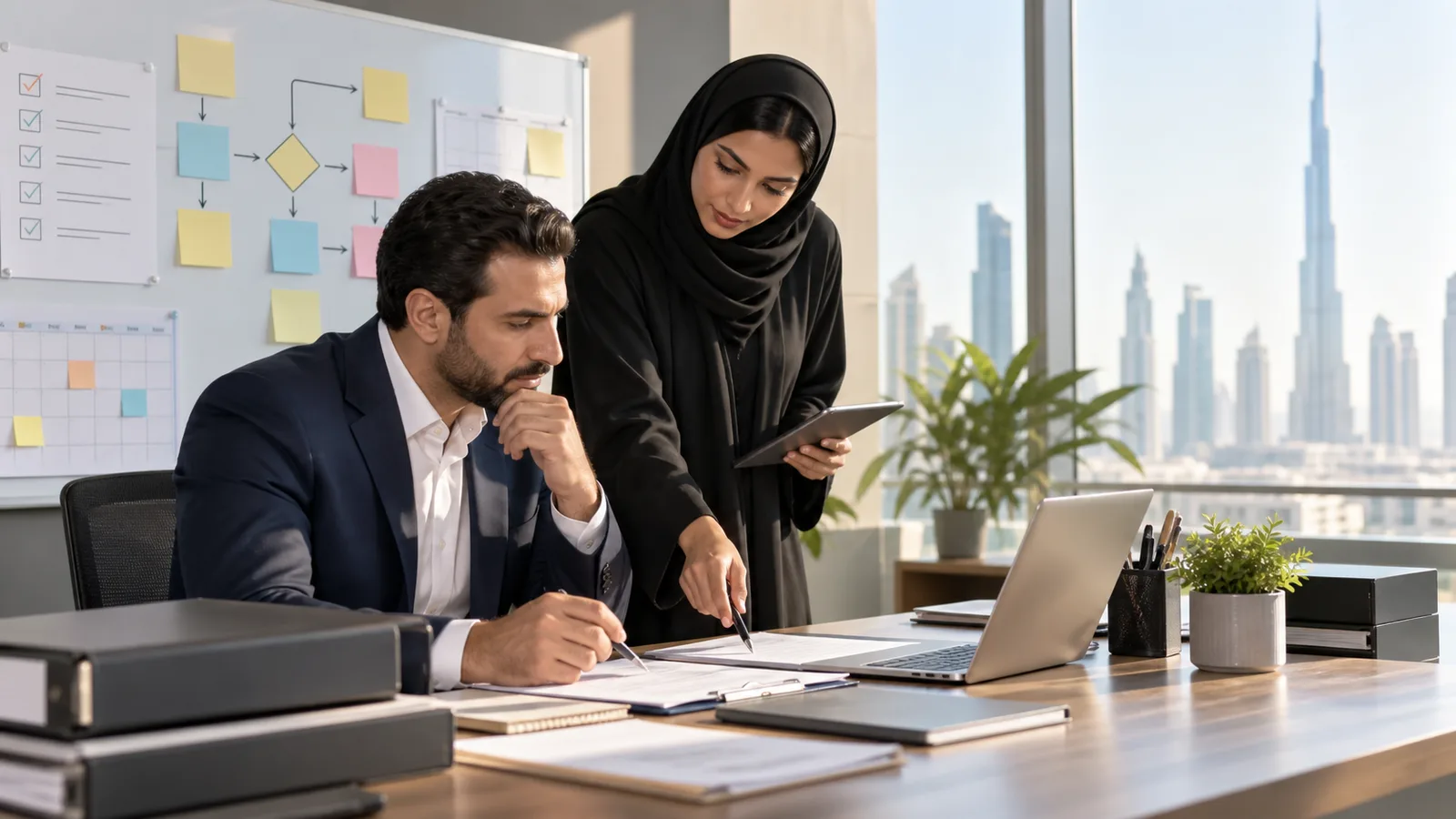 Founder and UAE adviser reviewing company-formation dependencies and delays