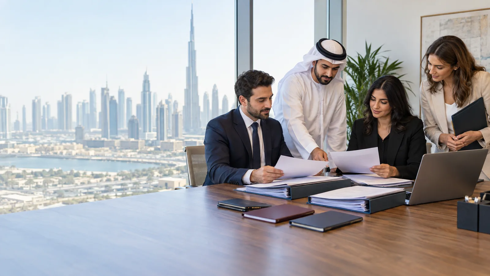 Founders and adviser organizing UAE company-formation documents by shareholder type