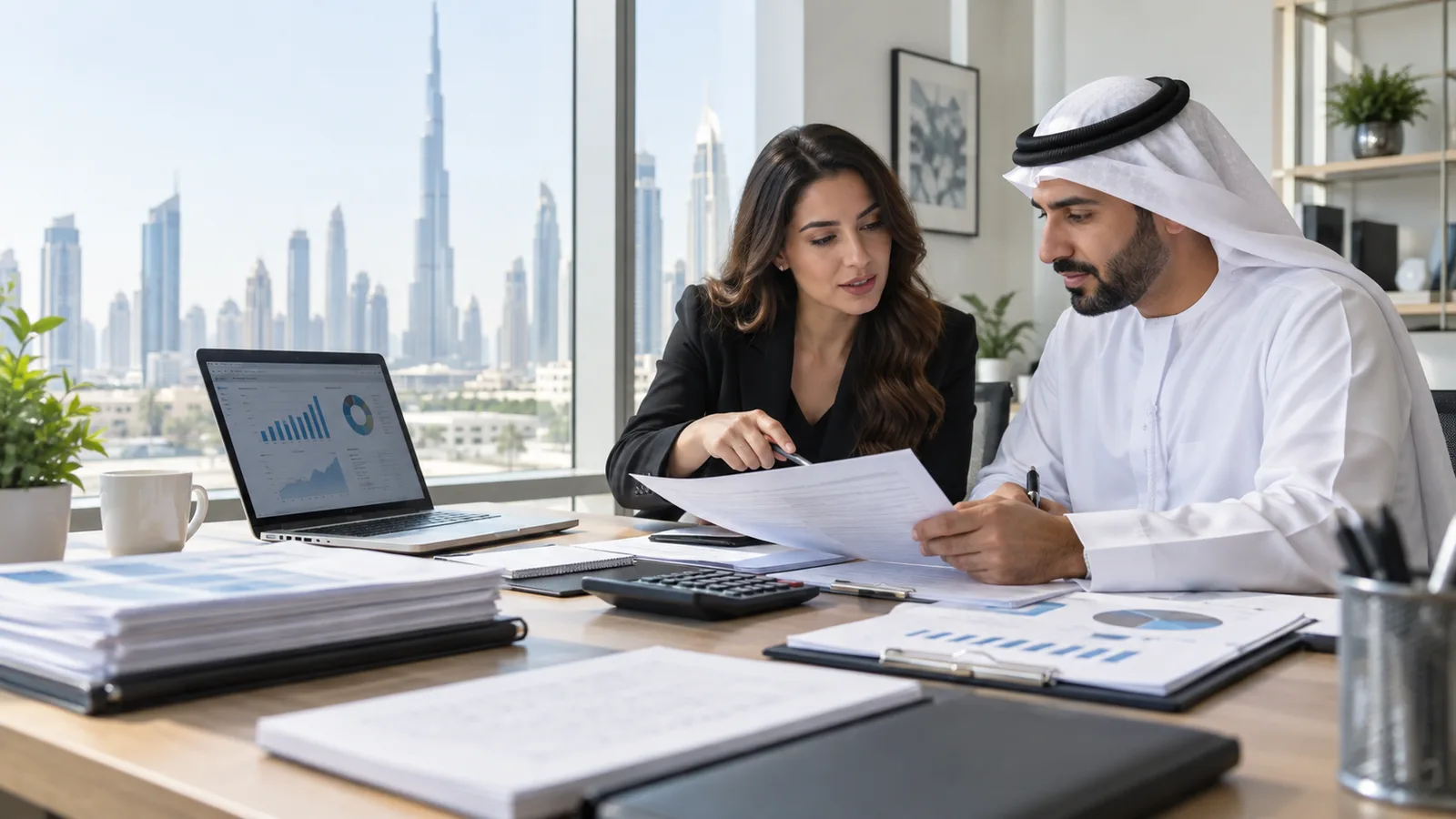 UAE small-business owner and accountant completing a monthly bookkeeping close